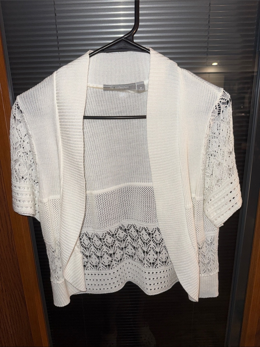NY Collection Cream Open-Knit Short-Sleeve Cardigan